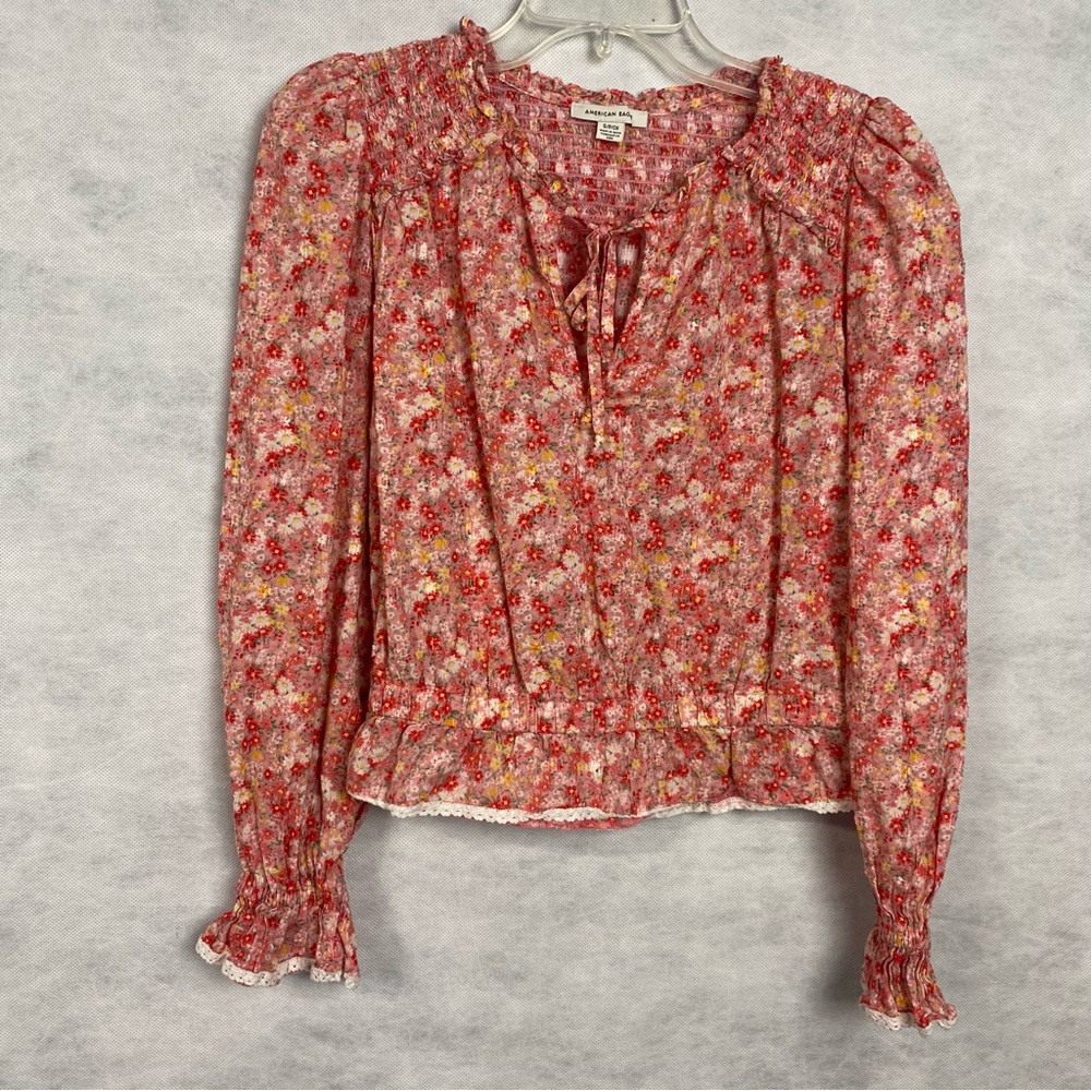 American Eagle Women's Pink Long Sleeve Smocked Blouse Top Size Small